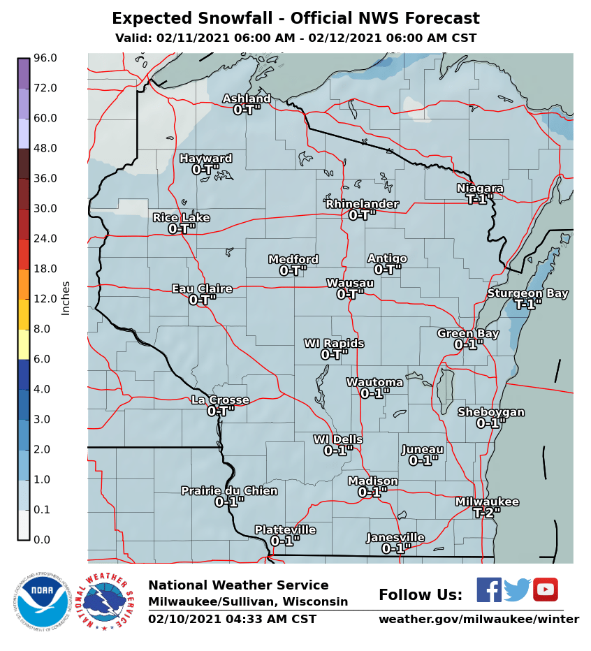 Snow total ranges Thur-Fri by National Weather Service